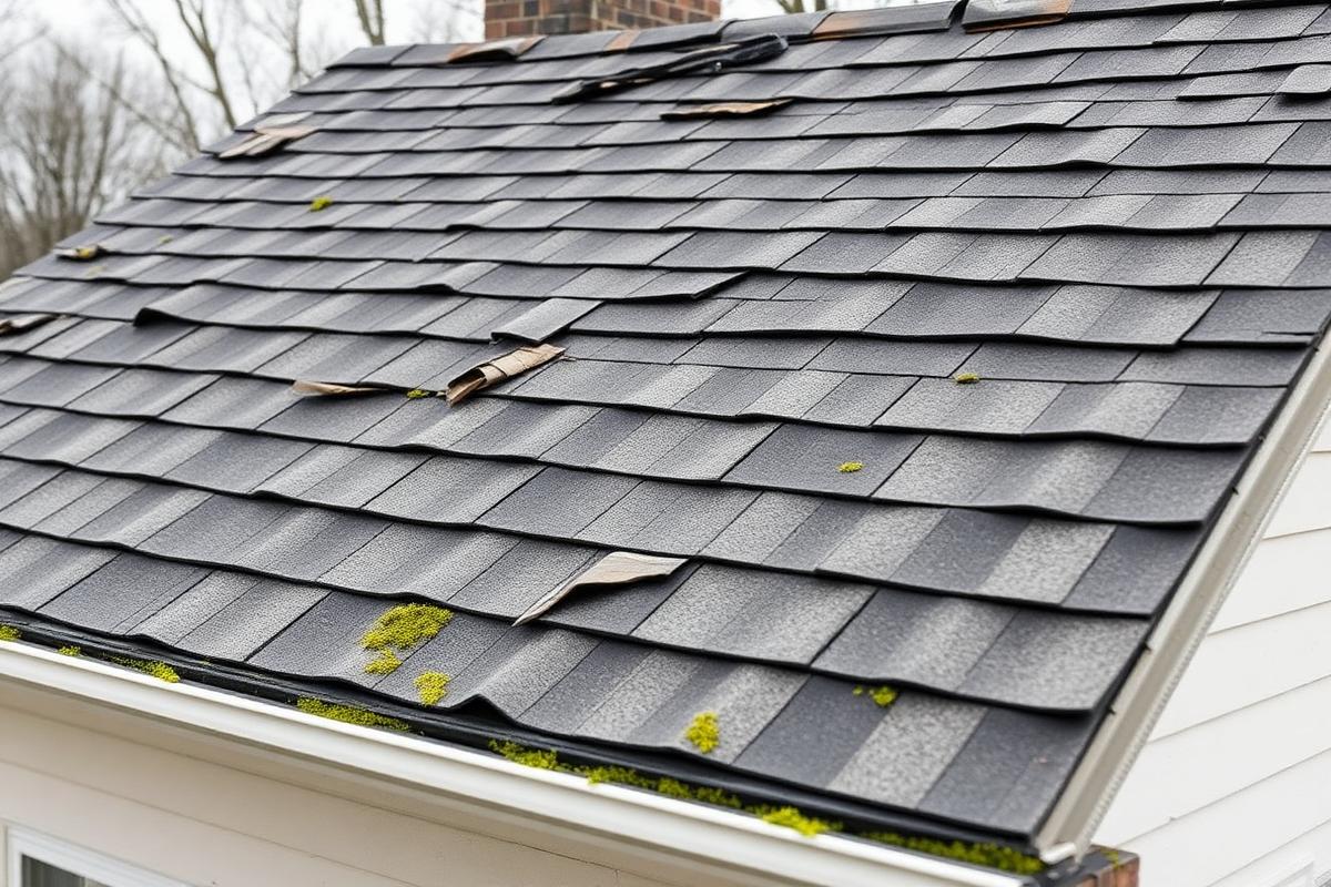 Aging, storm-worn shingle roof before replacement